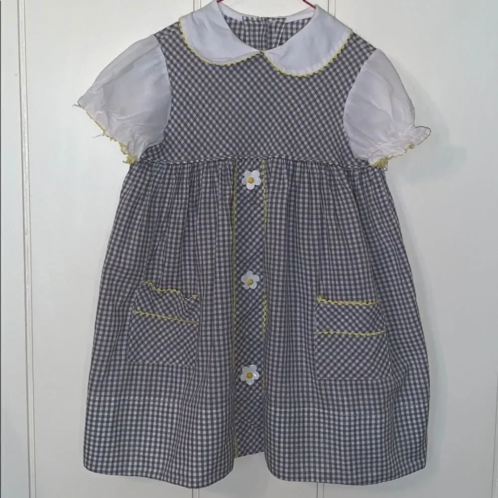 Vtg homemade white/gray/yellow little girl dress‎